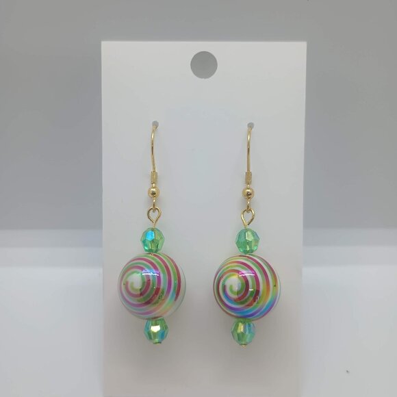 Red and Green Spiral Christmas Ball Earrings with Green Accent Beads - Picture 3 of 4